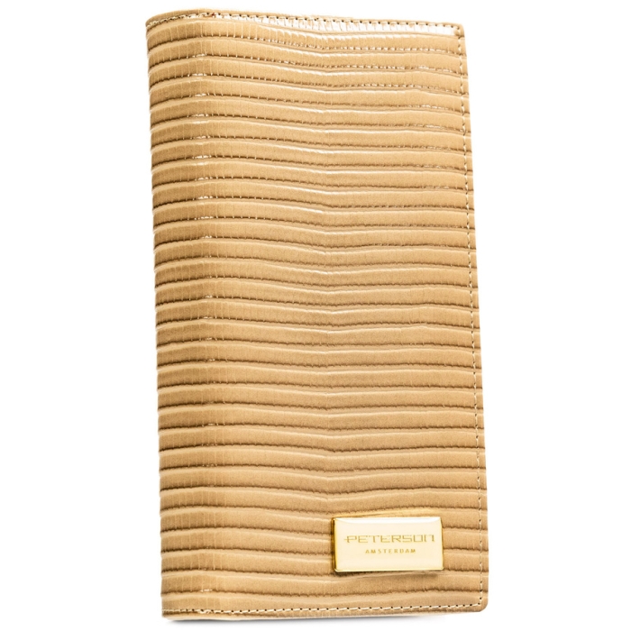 Beżowy portfel damski zamykany na magnes i suwak, zdobiony plecionką - Peterson