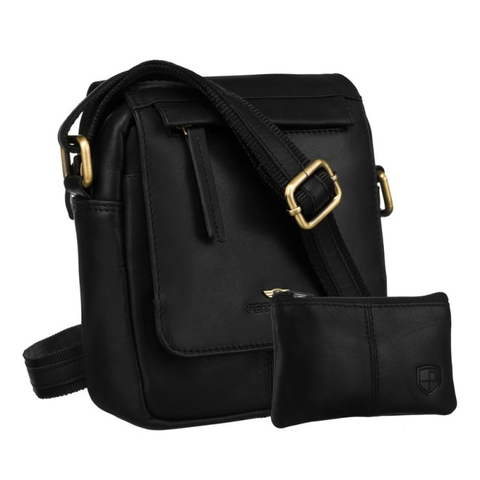 Skórzana, czarna torba męska na ramię z klapką i etui w zestawie - Peterson