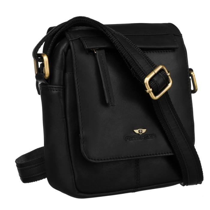 Skórzana, czarna torba męska na ramię z klapką i etui w zestawie - Peterson