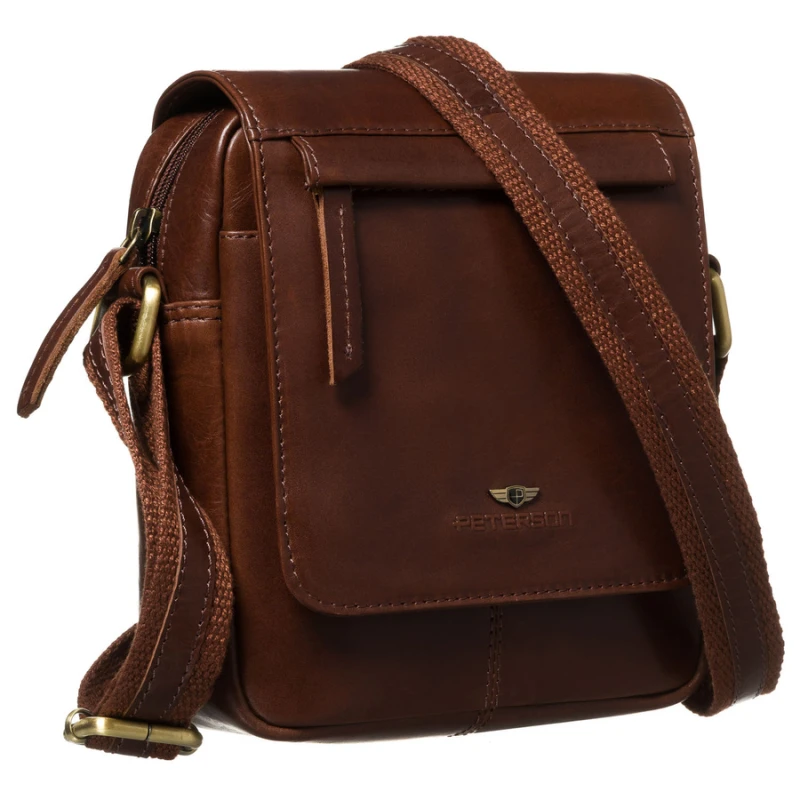 Skórzana, brązowa torba męska na ramię z klapką i etui w zestawie - Peterson