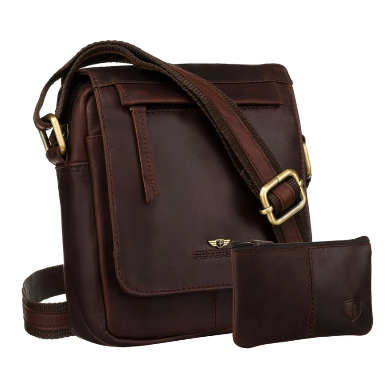 Skórzana, brązowa torba męska na ramię z klapką i etui w zestawie - Peterson