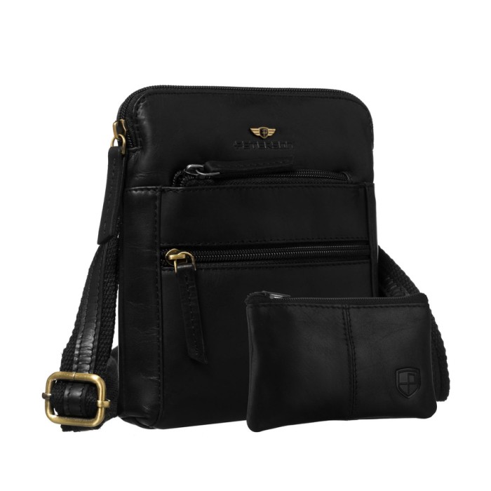 Elegancka listonoszka męska ze skóry naturalnej w czarnym kolorze zamykana suwakiem z etui w zestawie - Peterson