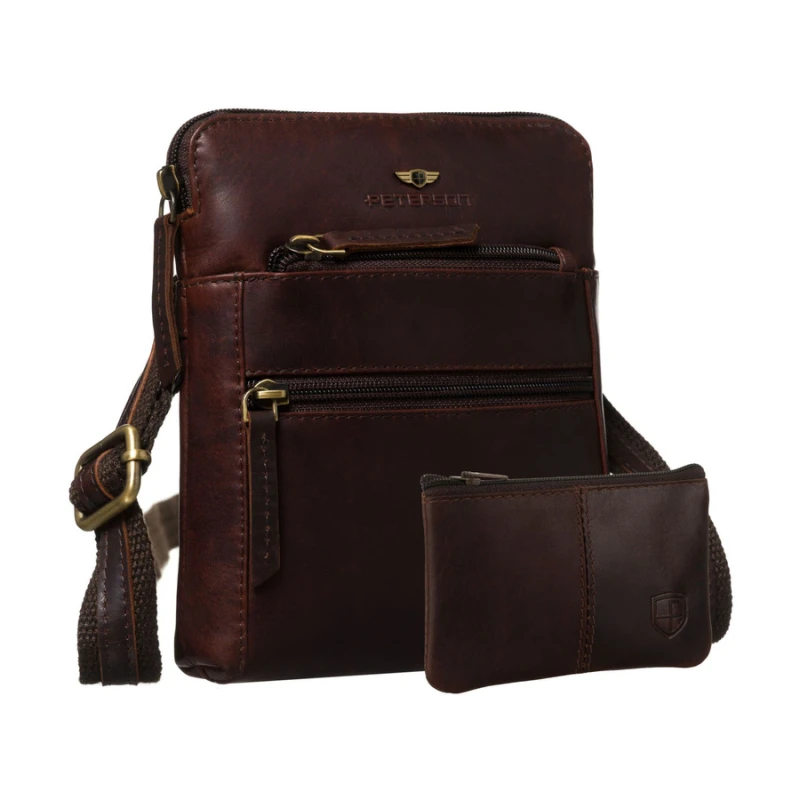 Elegancka, brązowa listonoszka męska ze skóry naturalnej z etui w zestawie - Peterson