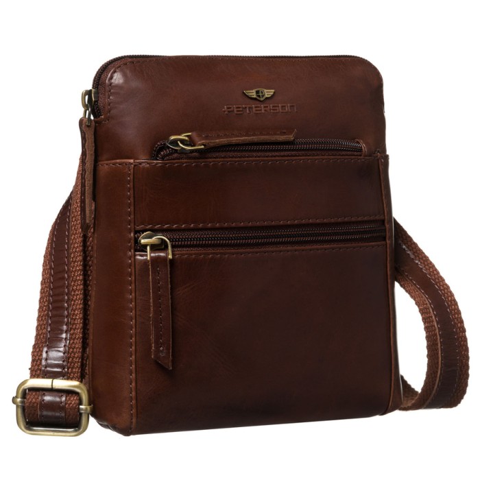 Elegancka, brązowa listonoszka męska ze skóry naturalnej z etui w zestawie - Peterson