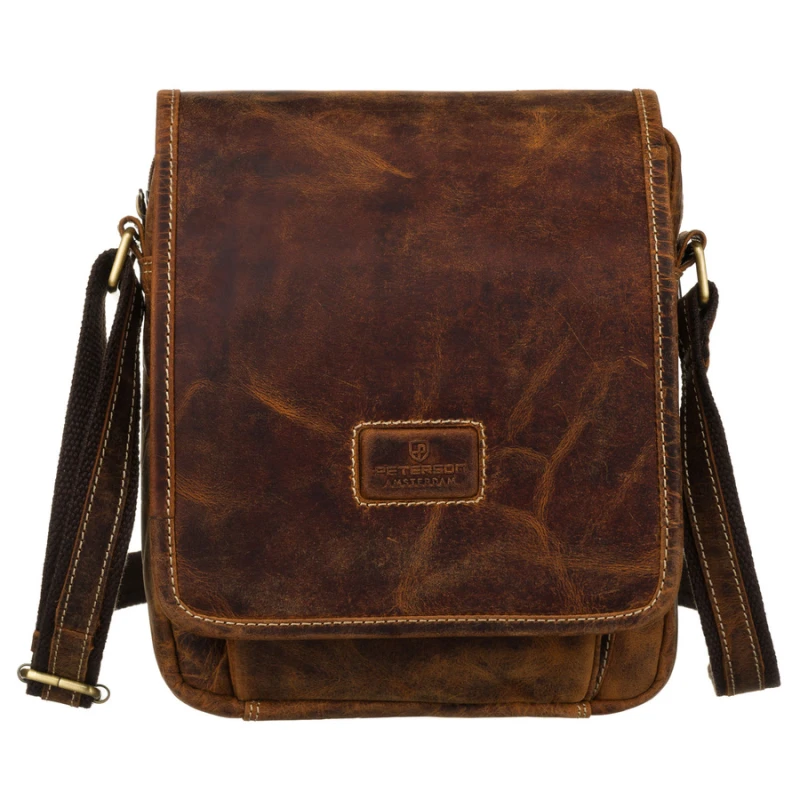 Skórzana listonoszka męska z klapką w brązowym kolorze - Peterson