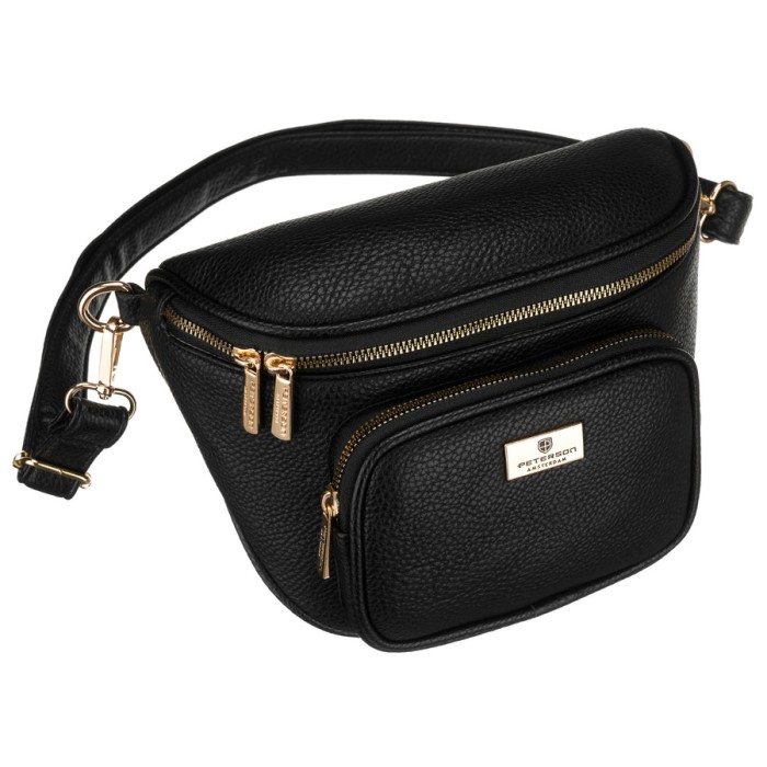 Czarna saszetka damska ze skóry ekologicznej zawieszona na regulowanym pasku - Peterson