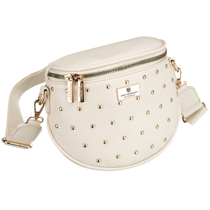 Jasnobeżowa nerka damska ze skóry ekologicznej ozdobiona ćwiekami - Peterson