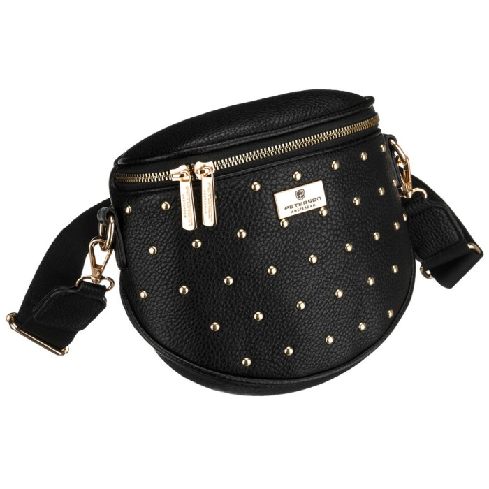 Czarna, praktyczna nerka damska ze skóry ekologicznej ozdobiona ćwiekami - Peterson