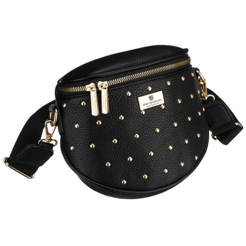 Czarna, praktyczna nerka damska ze skóry ekologicznej ozdobiona ćwiekami - Peterson