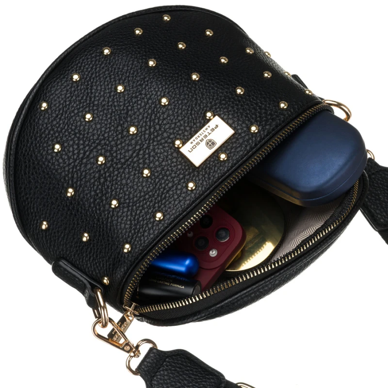 Czarna, praktyczna nerka damska ze skóry ekologicznej ozdobiona ćwiekami - Peterson