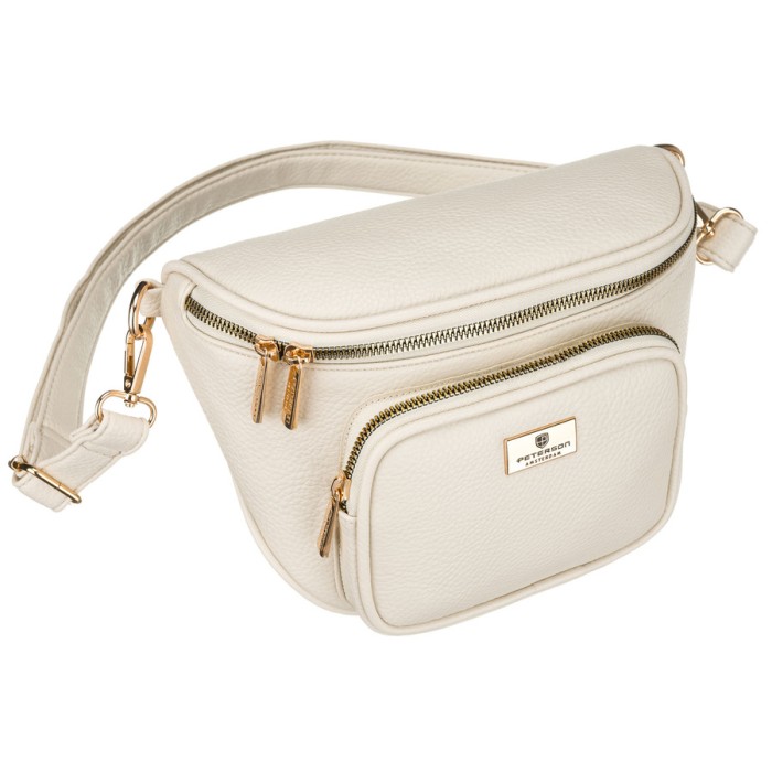 Jasnobeżowa saszetka damska ze skóry ekologicznej zamykana suwakiem - Peterson