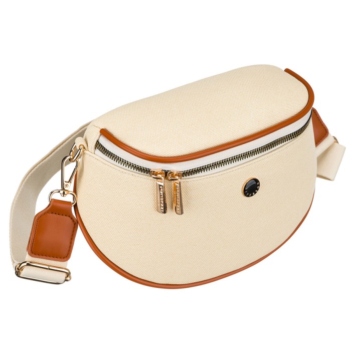 Saszetka damska w kolorze ecru z brązowymi elementami, zamykana suwakiem - Peterson