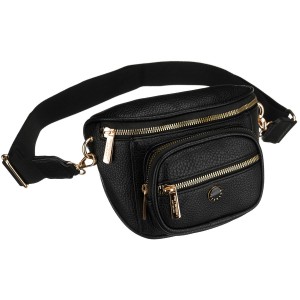 Czarna saszetka damska ze skóry ekologicznej, zamykana suwakiem i zawieszona na regulowanym pasku - Peterson