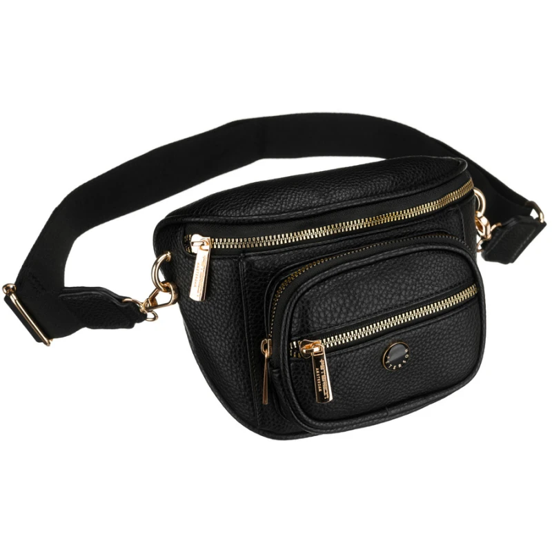 Czarna saszetka damska ze skóry ekologicznej, zamykana suwakiem i zawieszona na regulowanym pasku - Peterson