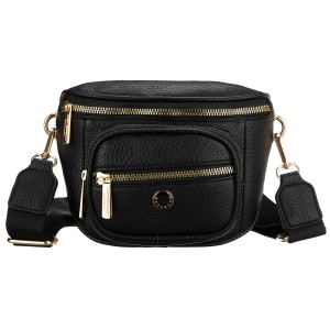 Czarna saszetka damska ze skóry ekologicznej, zamykana suwakiem i zawieszona na regulowanym pasku - Peterson