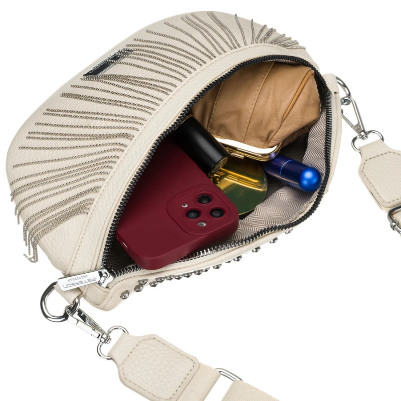 Modna saszetka damska wykonana ze skóry ekologicznej w jasnobeżowym kolorze, zamykana suwakiem - Peterson