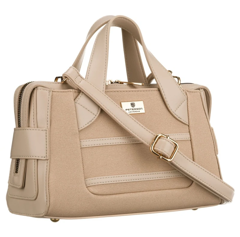 Elegancka, beżowa torebka damska wykonana z materiału syntetycznego, zamykana suwakiem - Niua