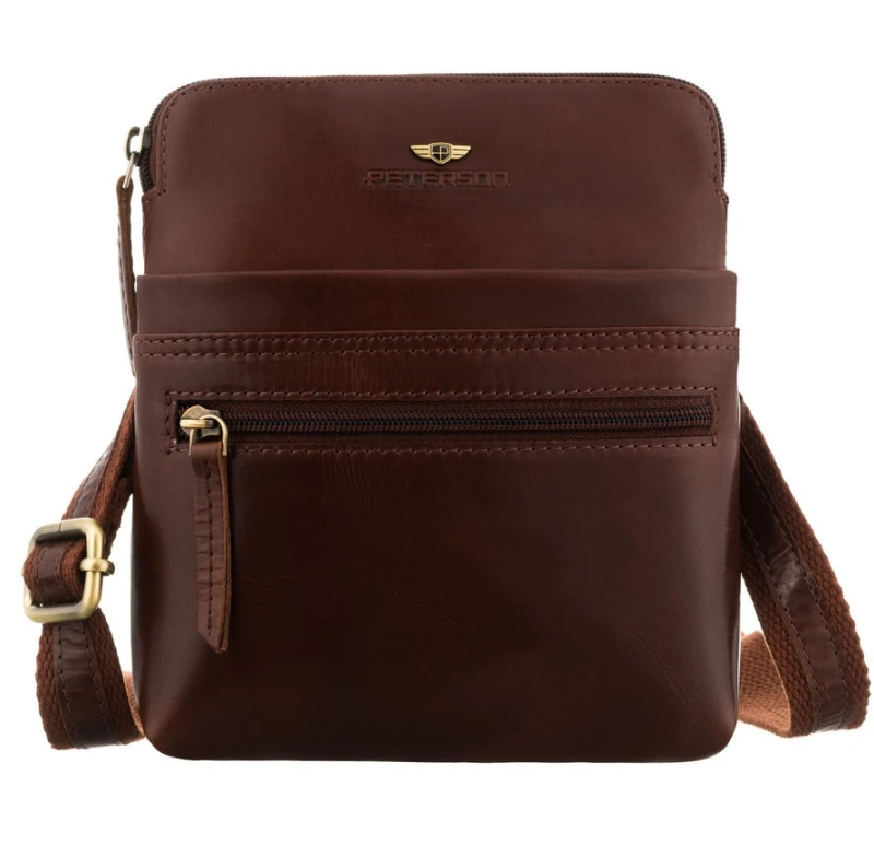 Mała brązowa skórzana listonoszka męska Peterson – widok z przodu