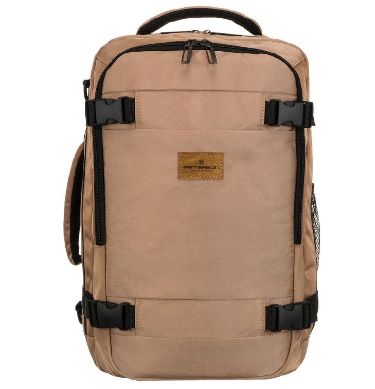 Widok z przodu beżowego plecaka podróżnego Peterson z zamkami i regulowanymi szelkami