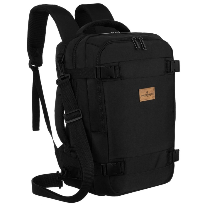 Czarny plecak podróżny Peterson widok z przodu z uchwytem na walizkę