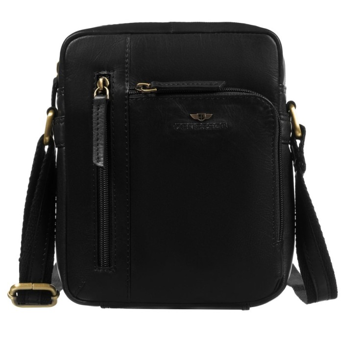 Elegancka, czarna listonoszka męska ze skóry naturalnej z zewnętrzną kieszonką na suwak - Peterson