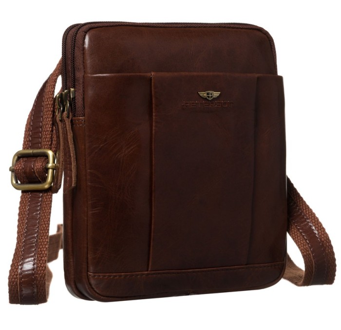 Dwukomorowa, brązowa listonoszka męska ze skóry naturalnej - Peterson