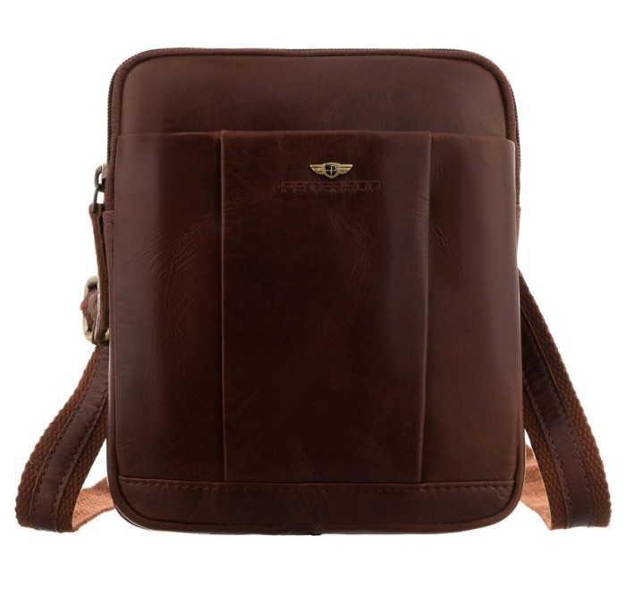 Dwukomorowa, brązowa listonoszka męska ze skóry naturalnej - Peterson