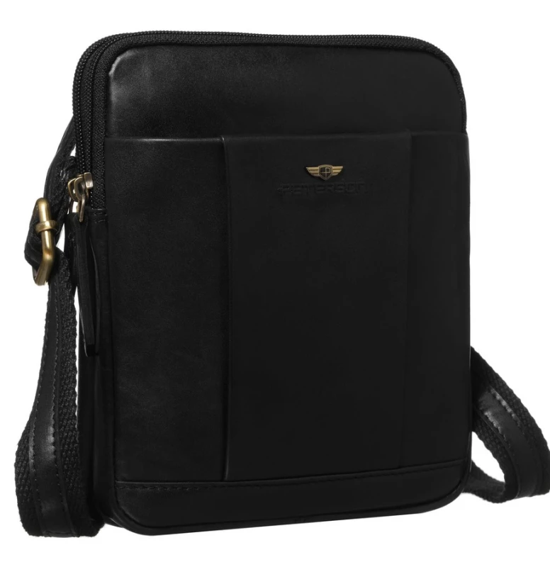 Dwukomorowa, czarna listonoszka męska ze skóry naturalnej zawieszona na regulowanym pasku - Peterson