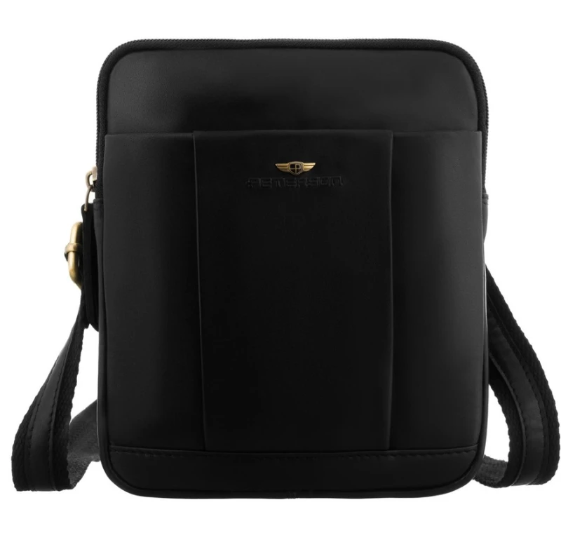 Dwukomorowa, czarna listonoszka męska ze skóry naturalnej zawieszona na regulowanym pasku - Peterson