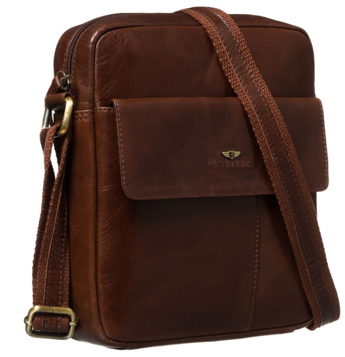 Brązowa listonoszka męska ze skóry naturalnej, zamykana suwakiem - Peterson