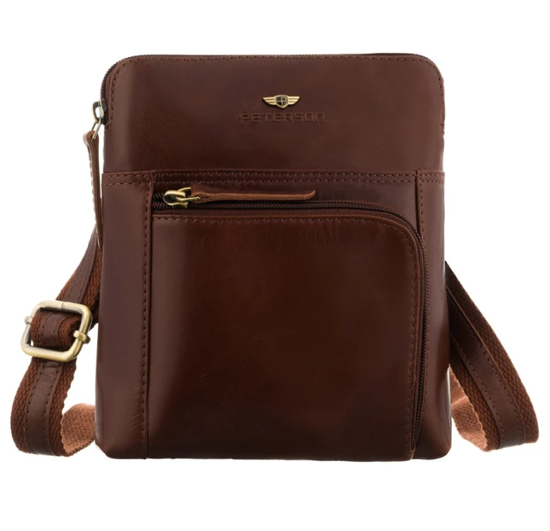 Brązowa, męska listonoszka ze skóry naturalnej zamykana suwakiem - Peterson