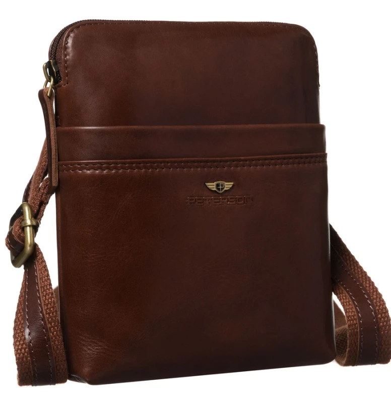 Brązowa, praktyczna listonoszka męska ze skóry naturalnej z kieszeniami zewnętrznymi - Peterson