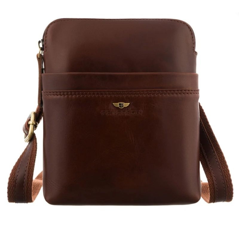 Brązowa, praktyczna listonoszka męska ze skóry naturalnej z kieszeniami zewnętrznymi - Peterson