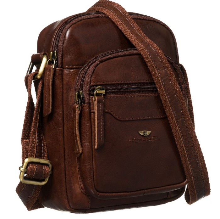 Brązowa, skórzana listonoszka męska zamykana suwakiem - Peterson