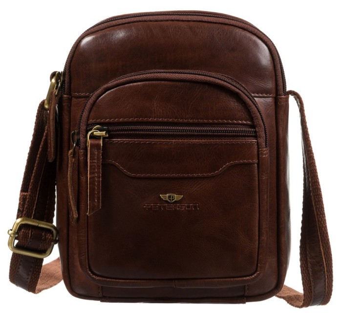 Brązowa, skórzana listonoszka męska zamykana suwakiem - Peterson