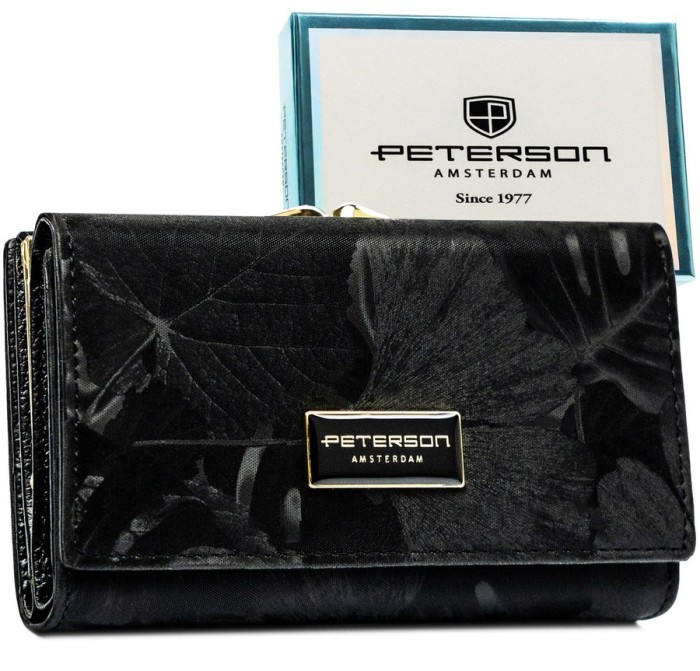 Poziomy, modny portfel damski ze skóry naturalnej i ekologicznej w czarnym kolorze - Peterson