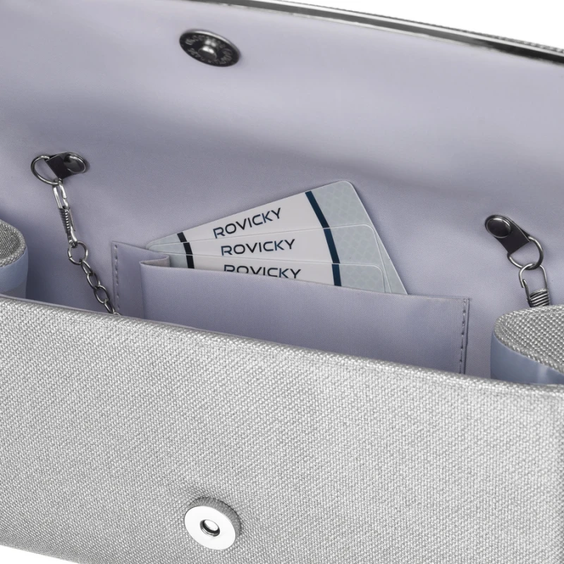 Srebrna, elegancka torebka damska wykonana z tkaniny syntetycznej zamykana klipsem magnetycznym - Rovicky