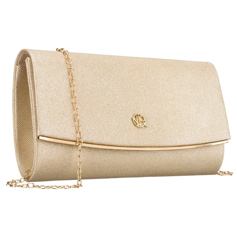 Wizytowa, złota torebka damska wykonana z tkaniny syntetycznej zamykana klipsem magnetycznym - Rovicky