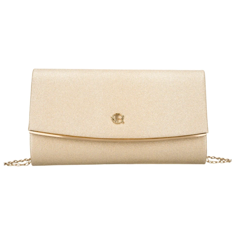 Wizytowa, złota torebka damska wykonana z tkaniny syntetycznej zamykana klipsem magnetycznym - Rovicky