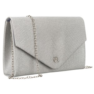 Brokatowa kopertówka damska w srebrnym kolorze zawieszona na eleganckim łańcuszku - Rovicky