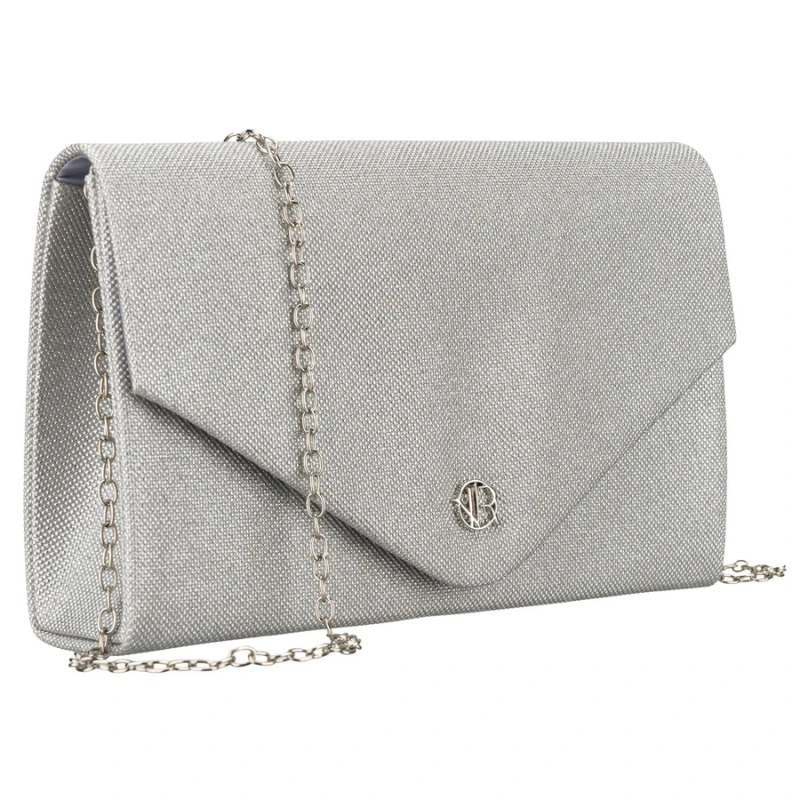 Brokatowa kopertówka damska w srebrnym kolorze zawieszona na eleganckim łańcuszku - Rovicky