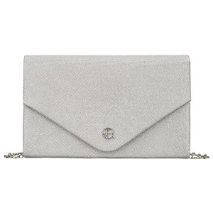 Brokatowa kopertówka damska w srebrnym kolorze zawieszona na eleganckim łańcuszku - Rovicky