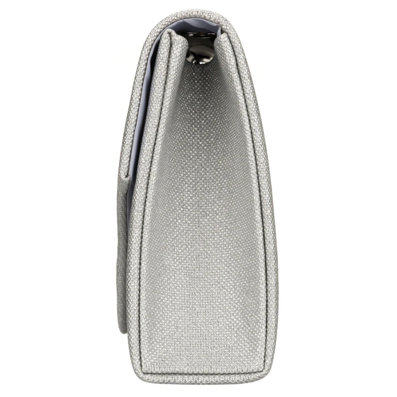 Brokatowa kopertówka damska w srebrnym kolorze zawieszona na eleganckim łańcuszku - Rovicky