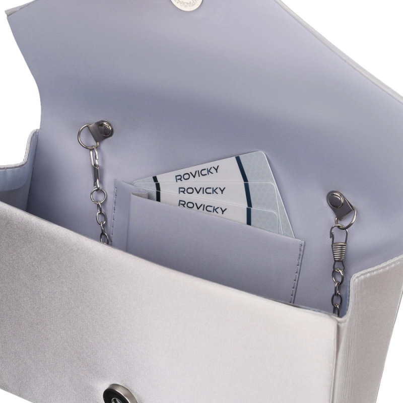 Srebrna, mała kopertówka damska wykonana z tkaniny syntetycznej - Rovicky