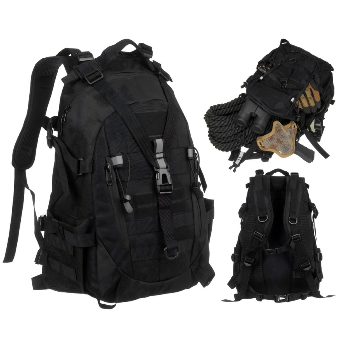 Sportowy plecak militarny w czarnym kolorze zawieszony na regulowanych szelkach - Peterson