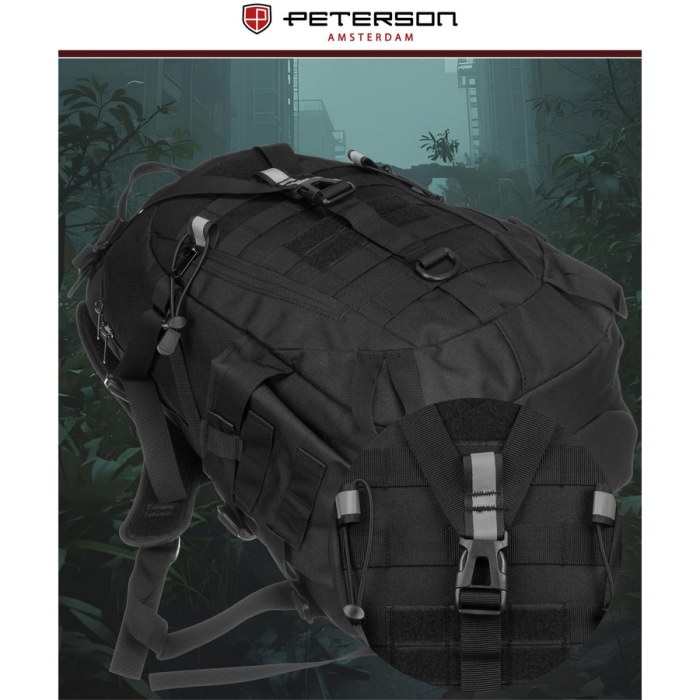 Sportowy plecak militarny w czarnym kolorze zawieszony na regulowanych szelkach - Peterson