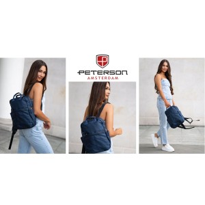 Granatowy, nylonowy plecak damski na regulowanych szelkach zamykany suwakiem - Peterson