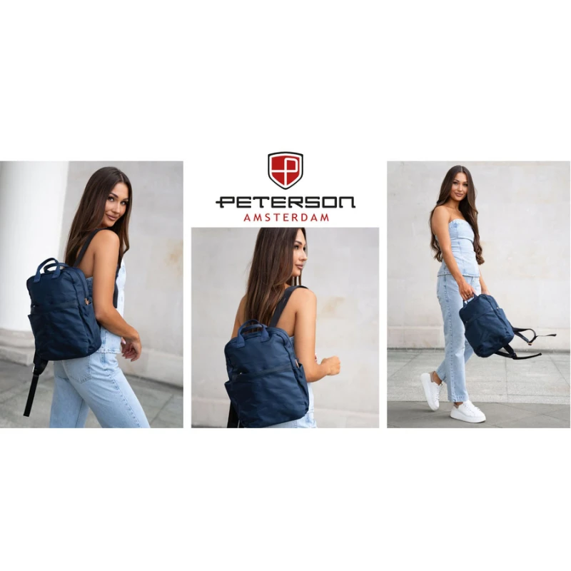 Granatowy, nylonowy plecak damski na regulowanych szelkach zamykany suwakiem - Peterson