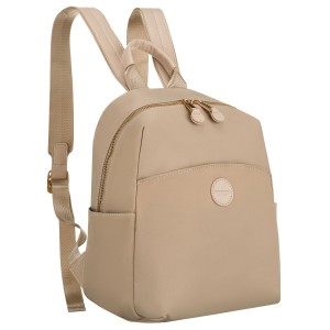 Beżowy plecaczek damski z nylonu i skóry ekologicznej zamykany suwakiem - Peterson