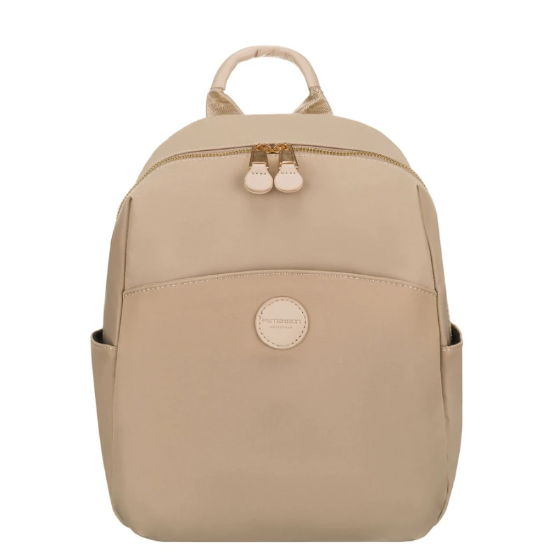 Beżowy plecaczek damski z nylonu i skóry ekologicznej zamykany suwakiem - Peterson